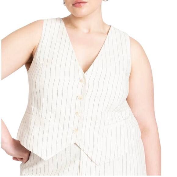 NWT ELOQUII Linen Womens Split Hem Suiting Vest In Pinstripe Ivory Sz 14 Large - Picture 2 of 10